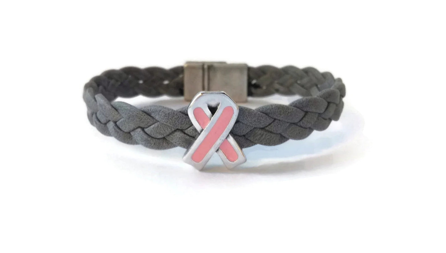 Breast Cancer Gray Braided Leather Bracelet