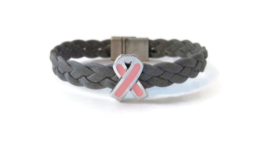 Breast Cancer Gray Braided Leather Bracelet