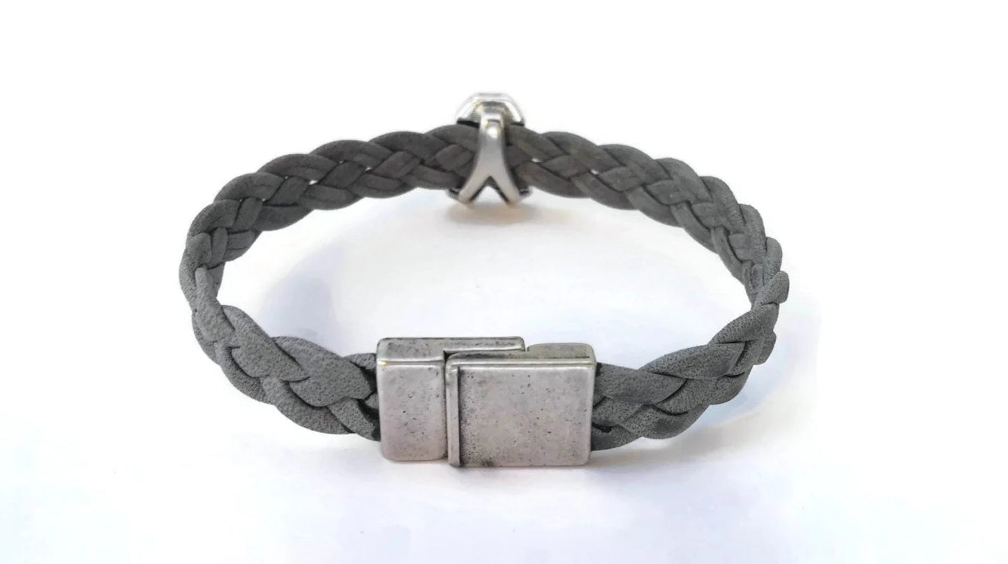 Breast Cancer Gray Braided Leather Bracelet