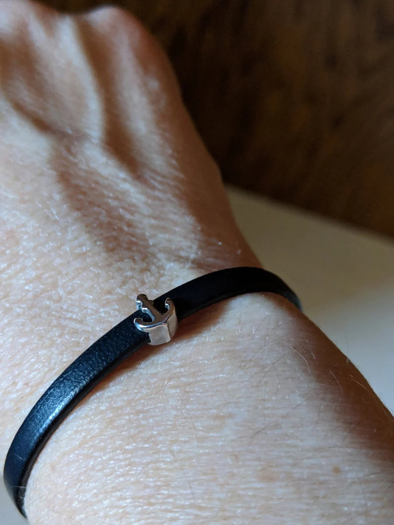 Navy Blue Leather Anchor Bracelet