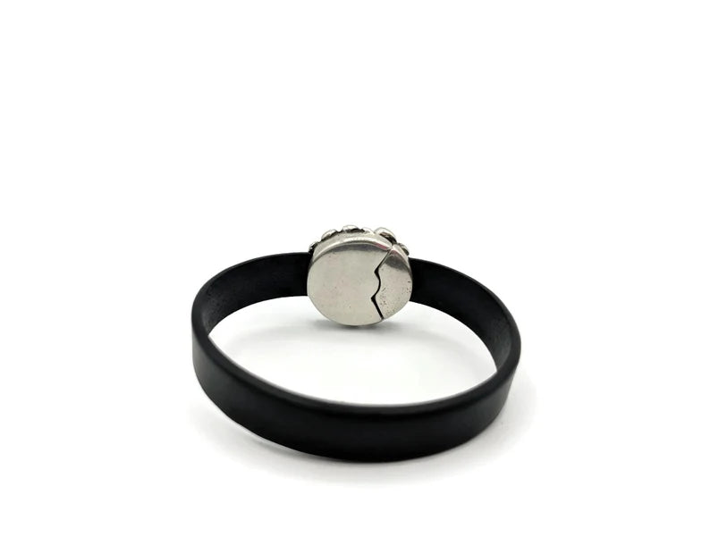 Black Leather Bracelet with Magnetic Flower Clasp