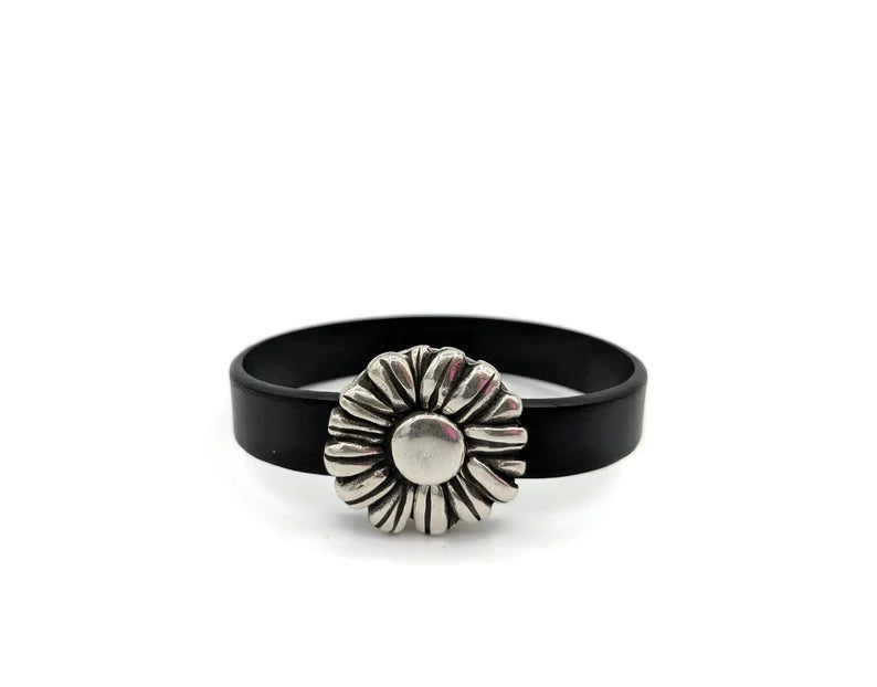 Black Leather Bracelet with Magnetic Flower Clasp