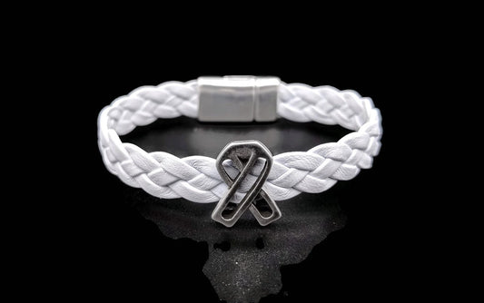 Lung Cancer Awareness Bracelet l White Leather Braided Bracele