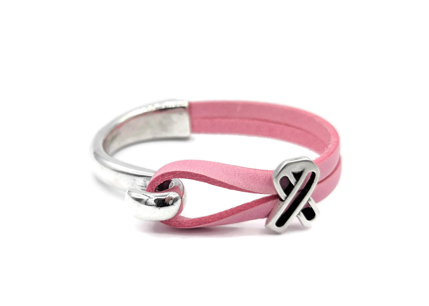 Breast Cancer Pink Ribbon Leather Hook Bracelet