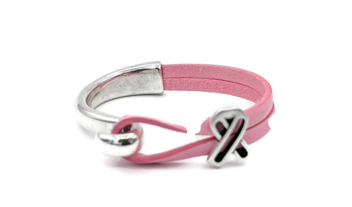 Breast Cancer Pink Ribbon Leather Hook Bracelet