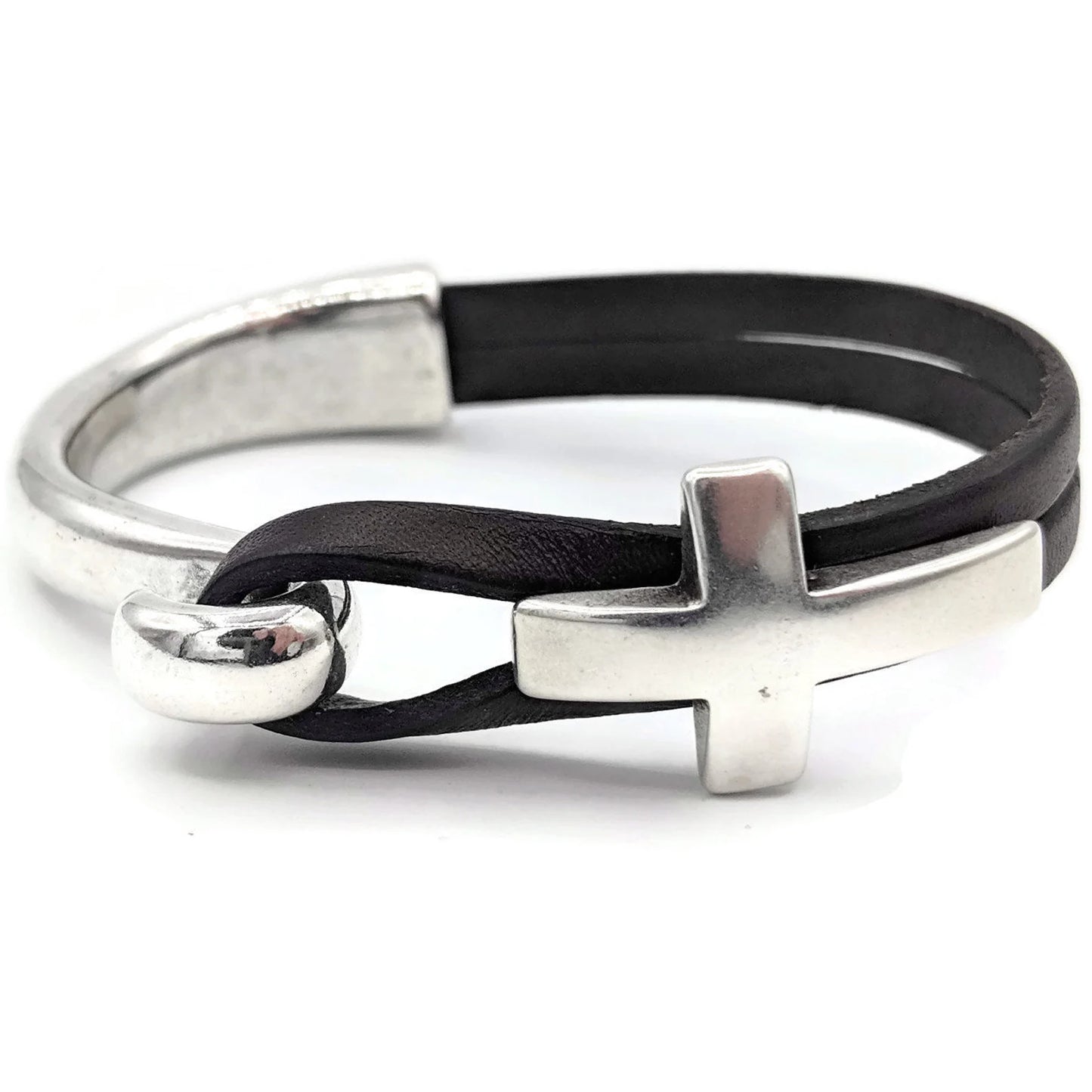 Silver Half Cuff Cross and Leather Bracelet