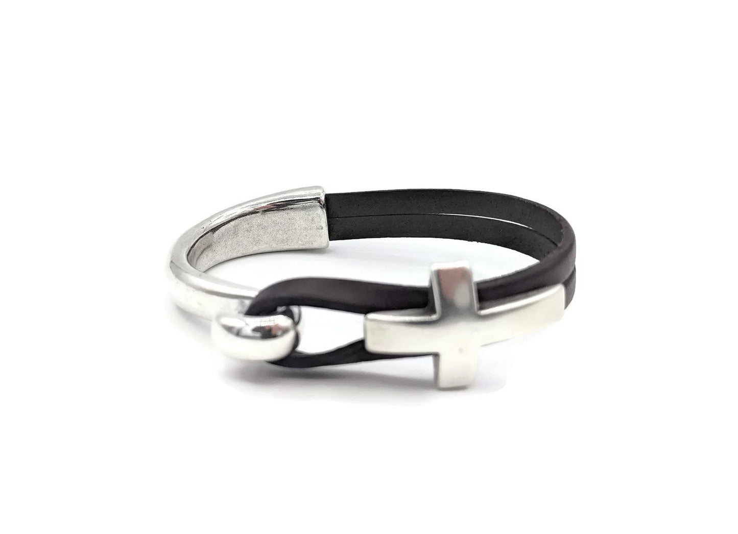 Silver Half Cuff Cross and Leather Bracelet