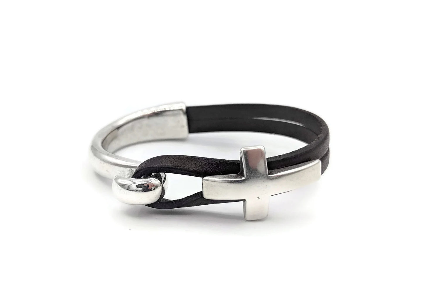 Silver Half Cuff Cross and Leather Bracelet