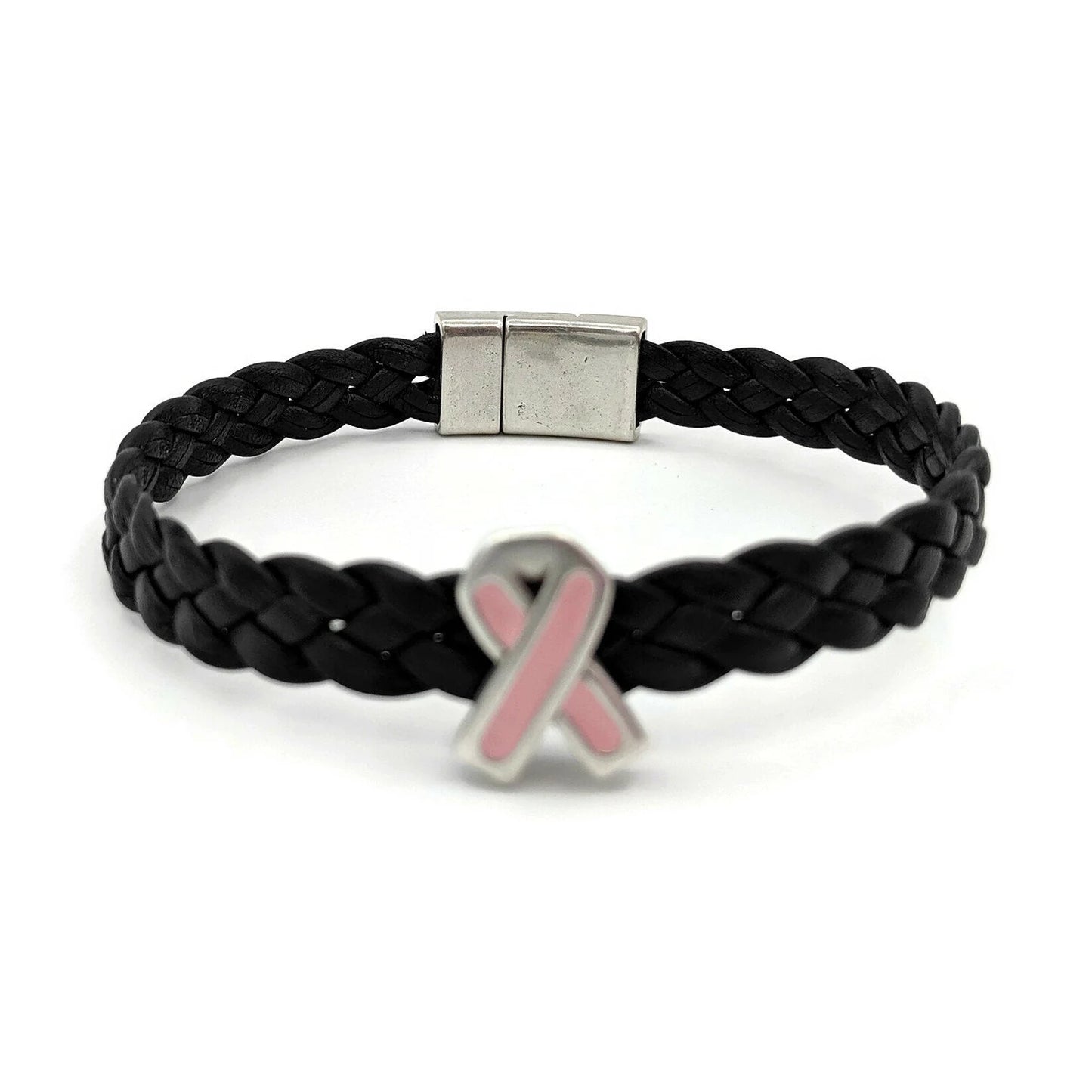 Breast Cancer Black Braided Leather Bracelet