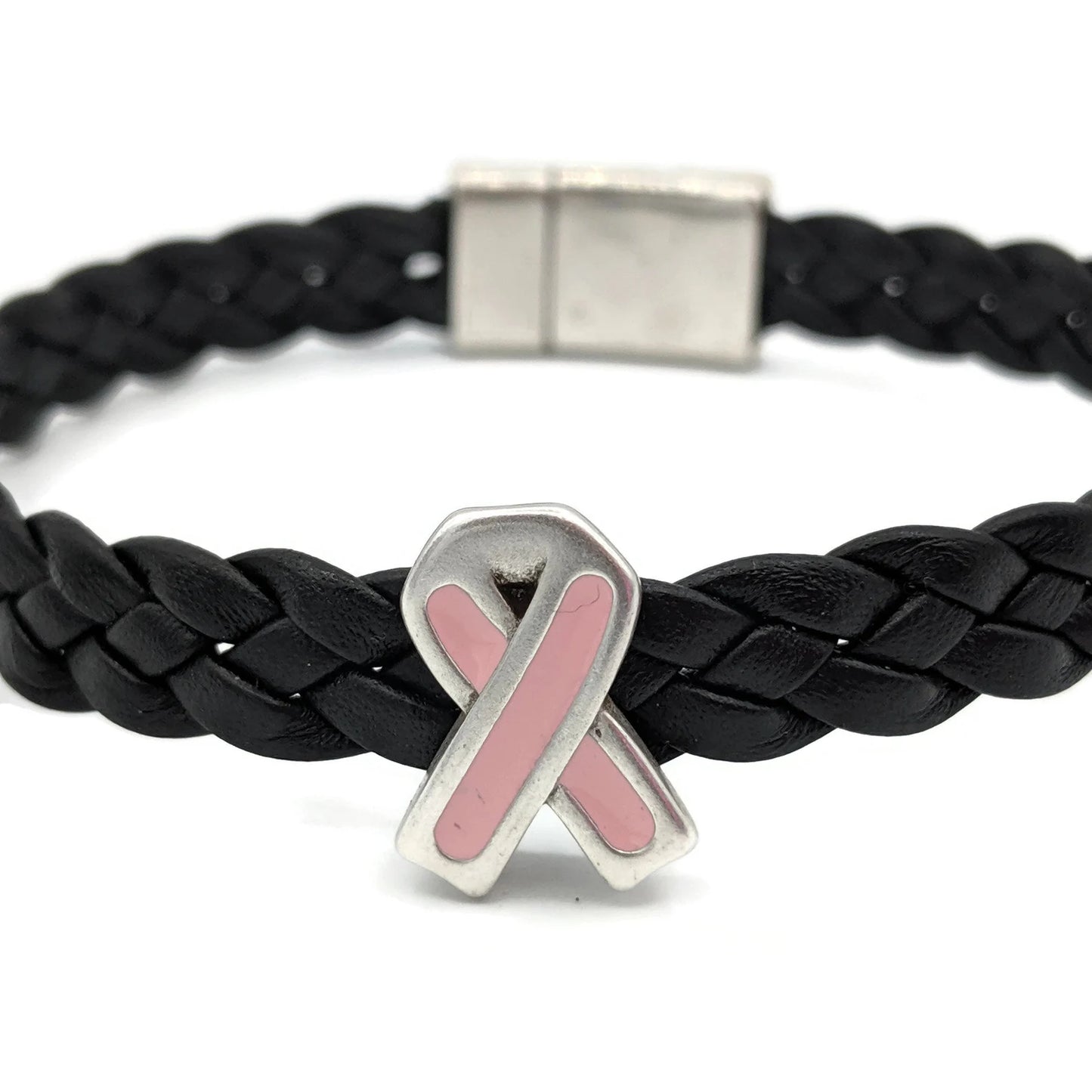 Breast Cancer Black Braided Leather Bracelet