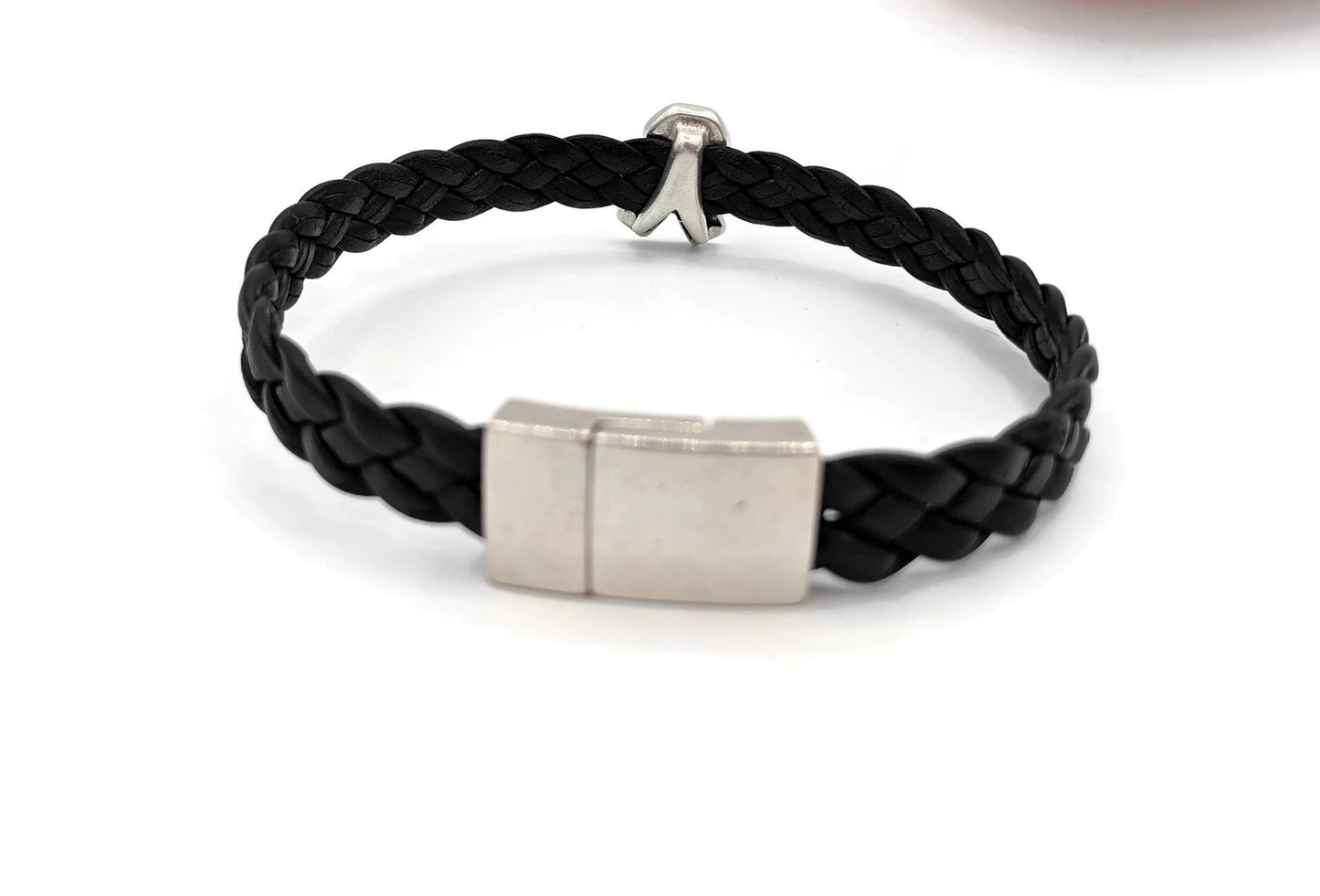 Breast Cancer Black Braided Leather Bracelet