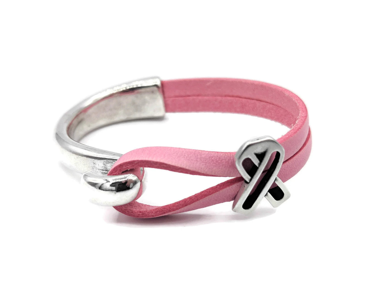 Breast Cancer Pink Ribbon Leather Hook Bracelet