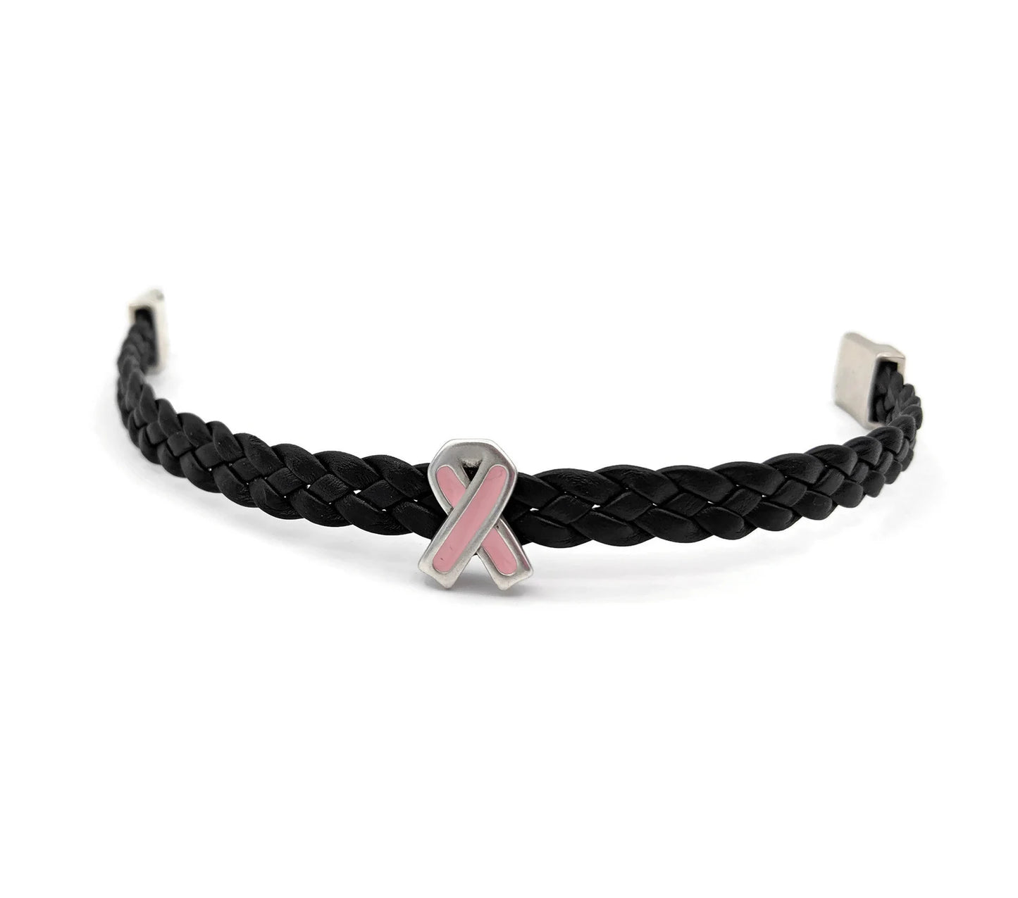 Breast Cancer Black Braided Leather Bracelet