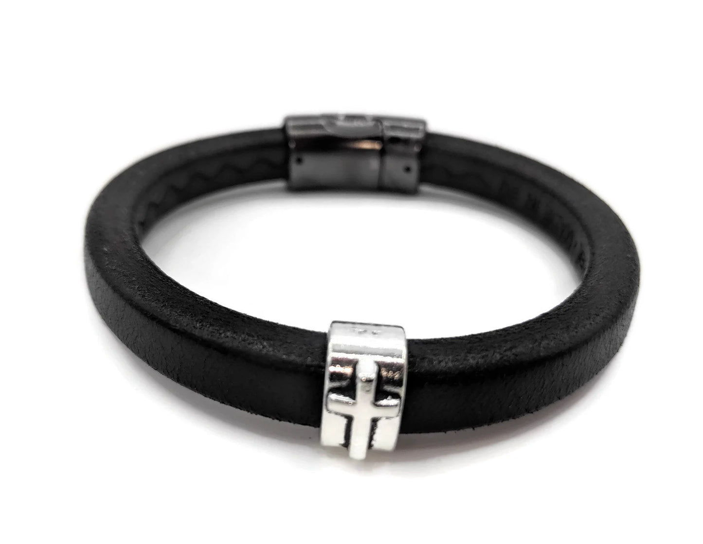Cross Black Leather Bracelet