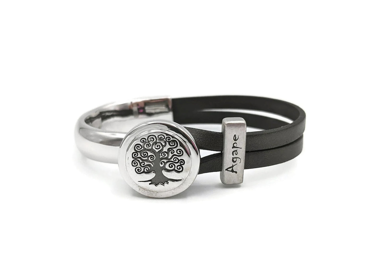 Agape Leather Bracelet with Tree of Life Half Cuff