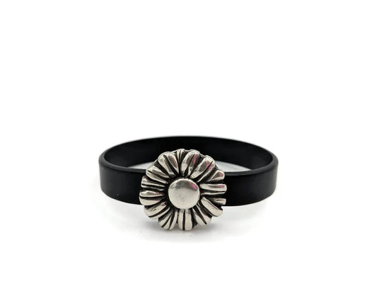 Black Leather Bracelet with Magnetic Flower Clasp